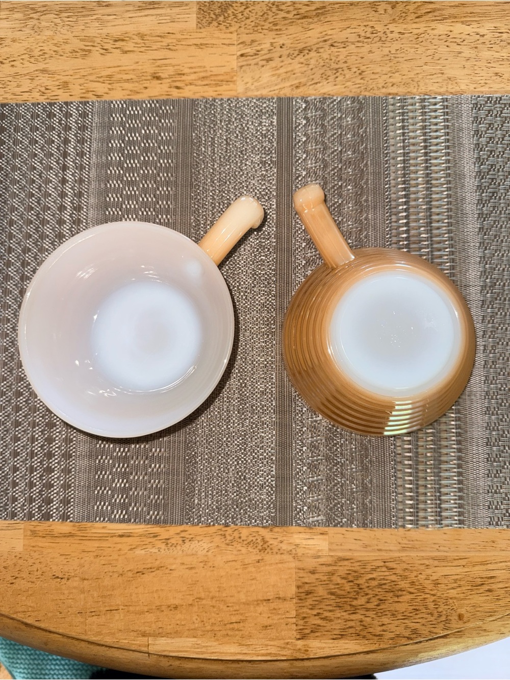 Vintage Fire-King Peach Lustre Handled Soup Chili Bowls Set of 2 milk glass